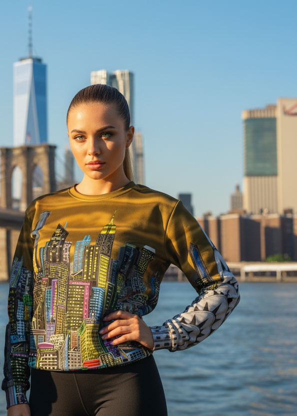 Female wearing gold Loria NYC Art cityscape sweatshirt with a city skyline in the background.