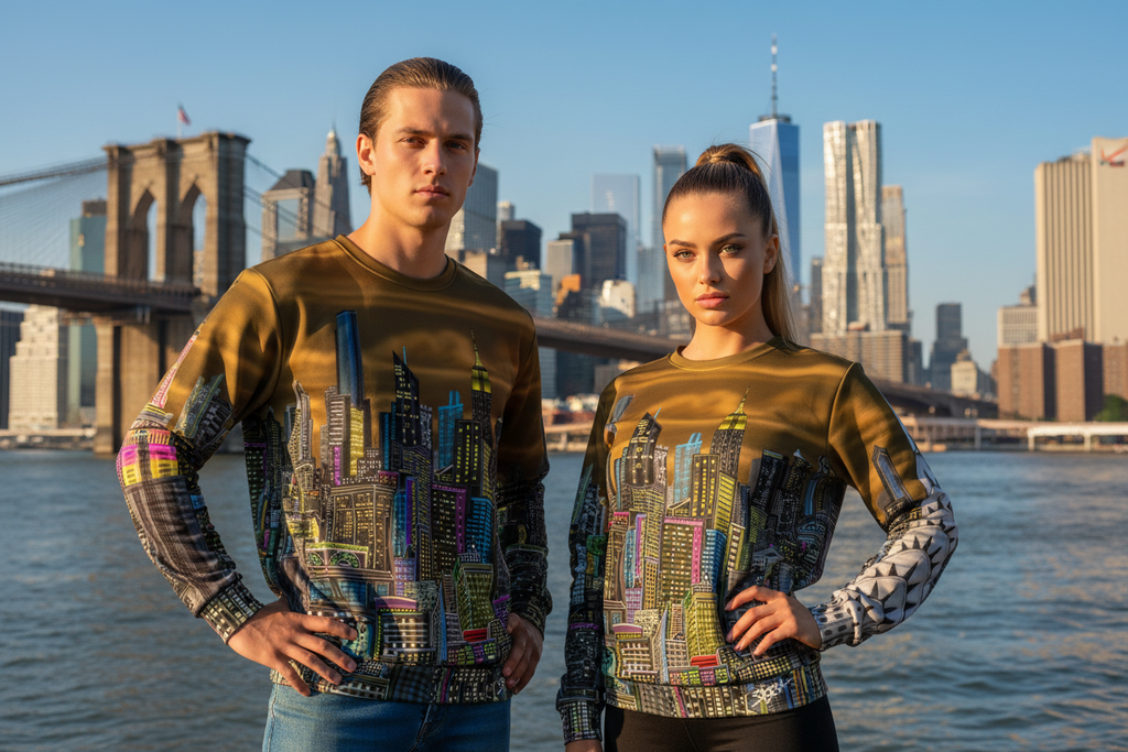 Two people wearing matching sweatshirts with cityscape Loria NYC Art design in front of a city skyline.