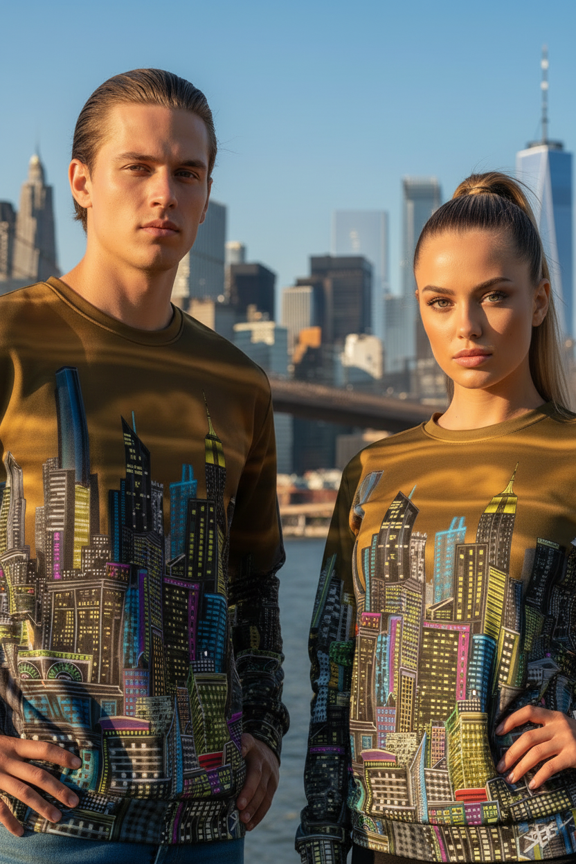 Two people wearing sweatshirts with cityscape Loria NYC Art design in front of a city skyline.