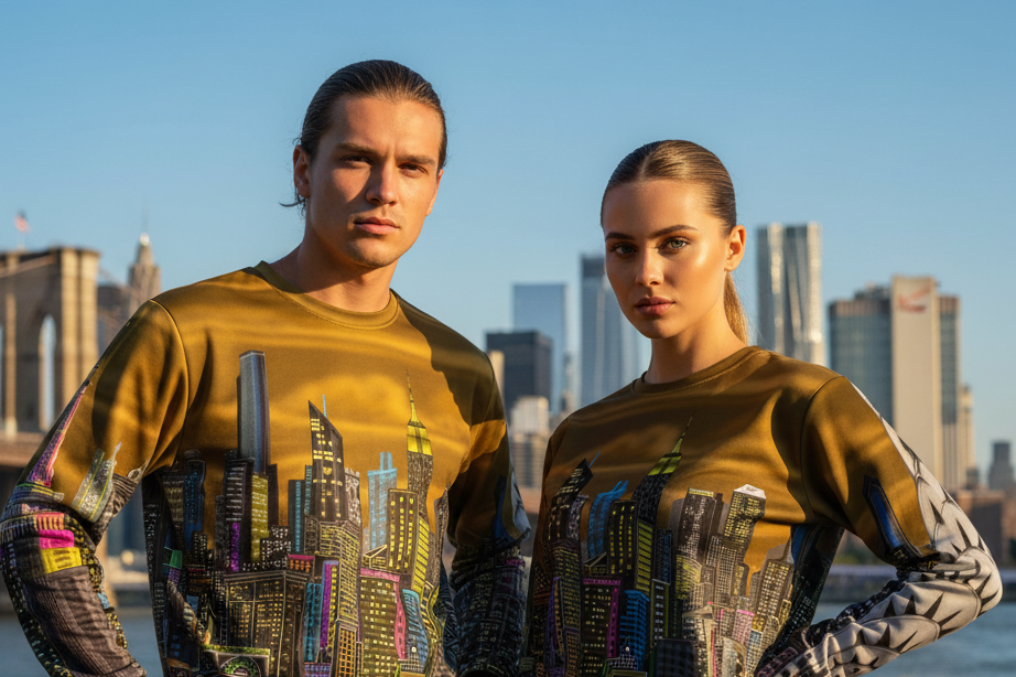 Two people wearing matching Loria NYC Art sweatshirts with a cityscape design in front of a city skyline.