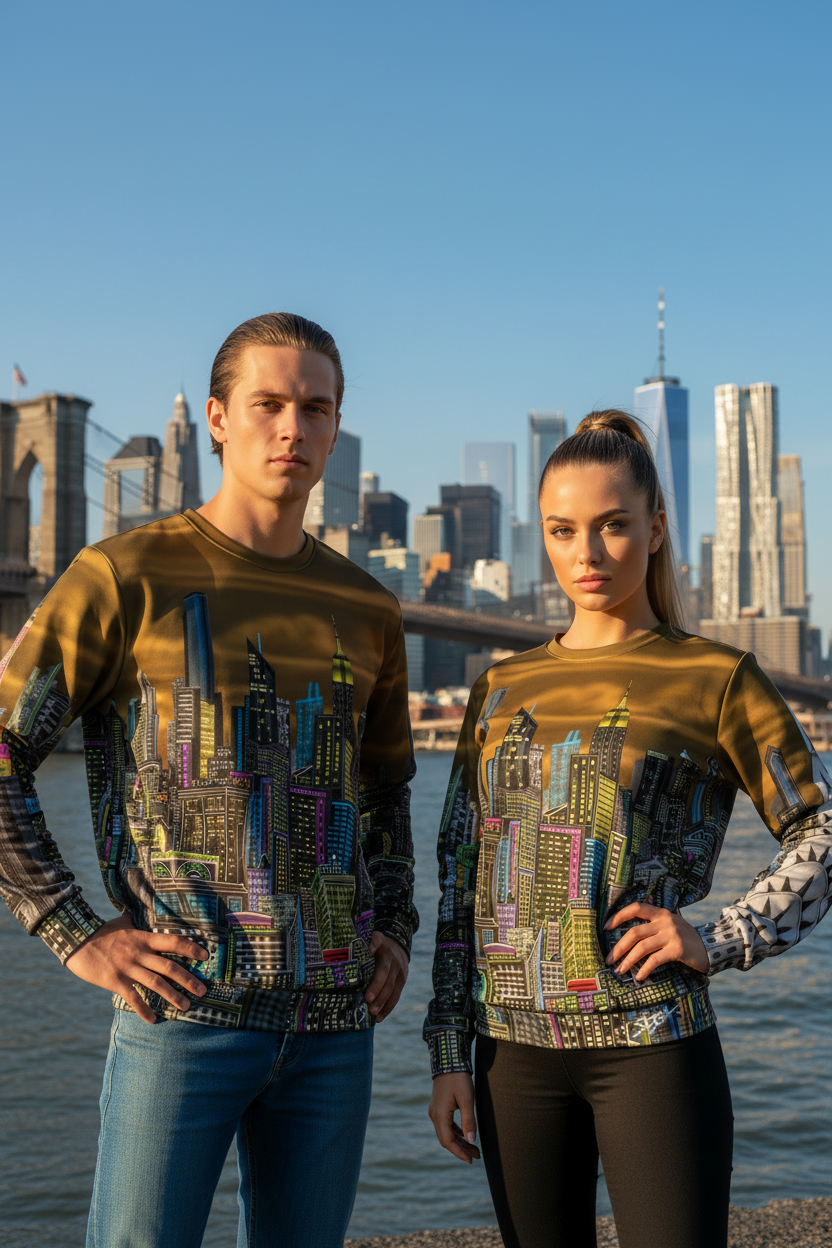 Two people wearing Loria NYC Art cityscape sweaters with a city skyline in the background.