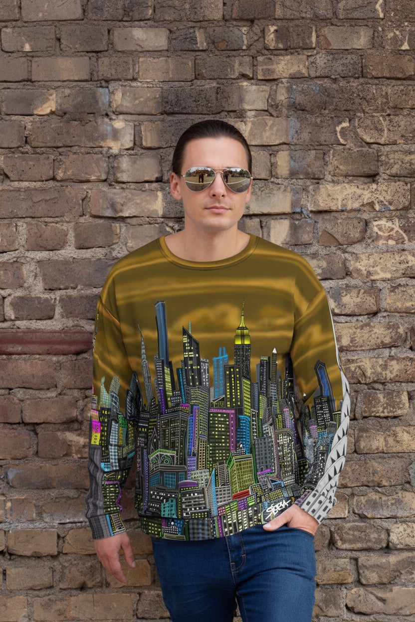 Person wearing sweat shirt with a colorful cityscape design by Loria NYC Art on a brick  background