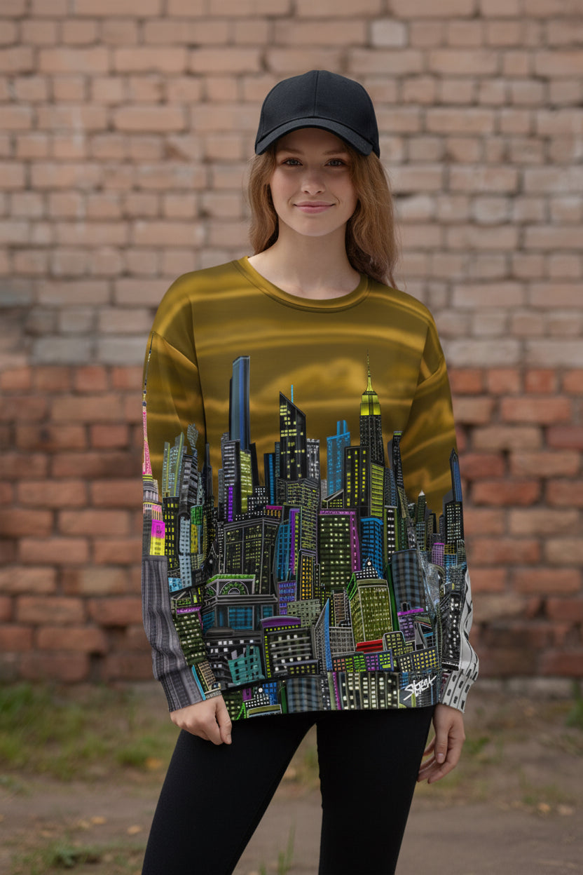 Side front of girl wearing a Long-sleeve shirt with a colorful cityscape design by Loria NYC Art on a brick background 