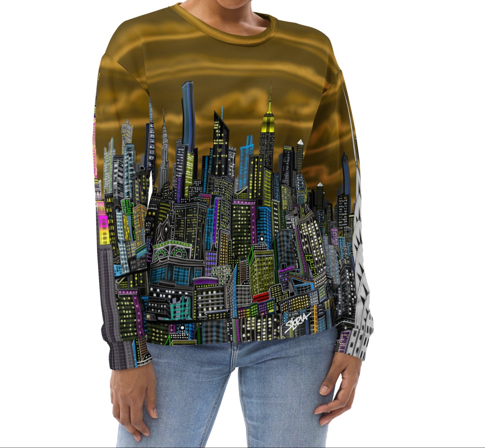 Woman wearing a long-sleeve shirt with a cityscape design by Loria NYC Art on a white background