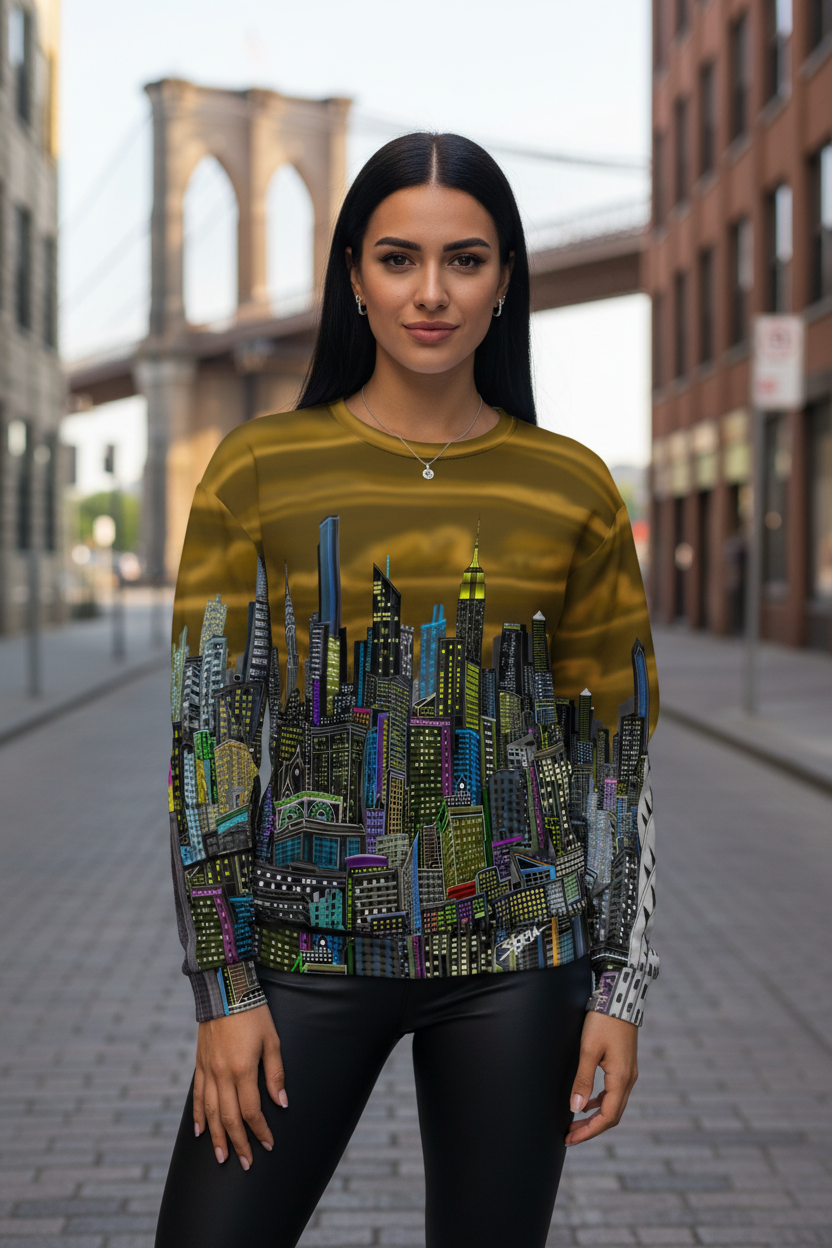Woman wearing a sweater with a cityscape Loria NYC Art design in an urban setting