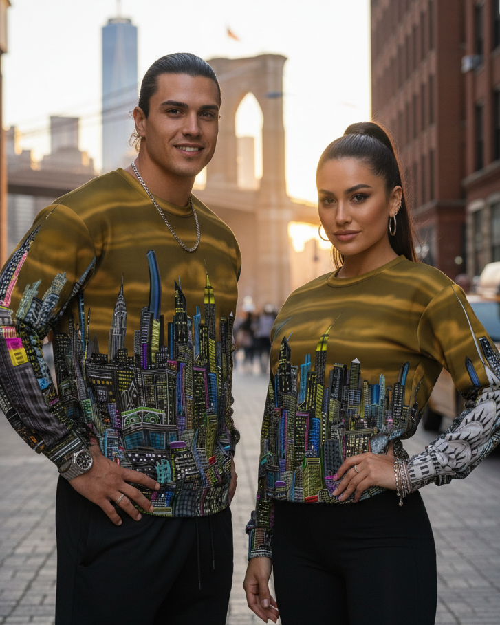 Two people wearing matching colorful Loria NYC Art sweaters standing on a city street with a blurred background