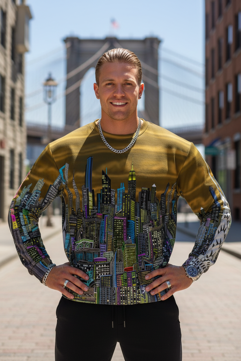 Man wearing a gold long-sleeve shirt with cityscape Loria NYC Art design in an urban setting