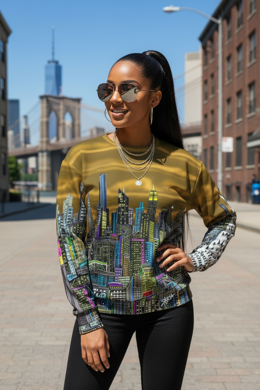 Woman wearing a colorful cityscape Loria NYC Art sweatshirt in an urban setting with the Brooklyn Bridge in the background.
