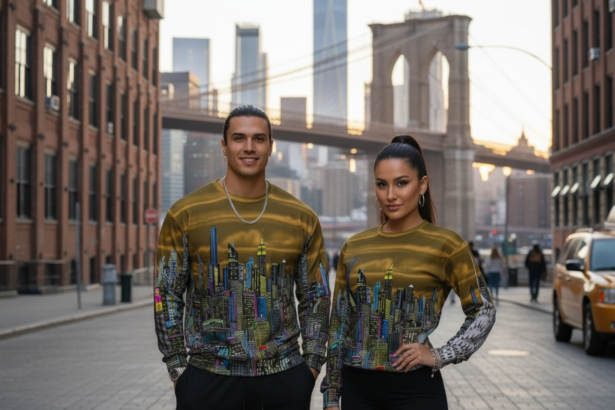 Two people wearing matching outfits with a cityscape Loria NYC Art design in an urban setting with a bridge in the background.