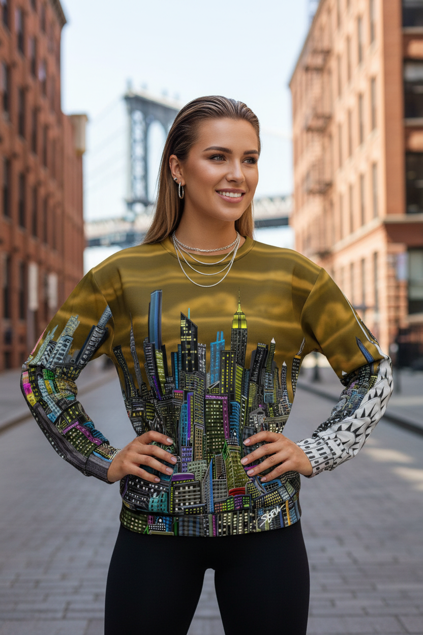 Woman wearing a colorful Loria NYC Art cityscape sweater on a city street