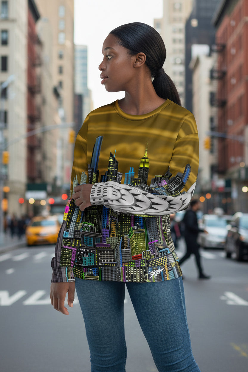 Lady wearing sweat shirt with a colorful cityscape design by Loria NYC Art on a white background