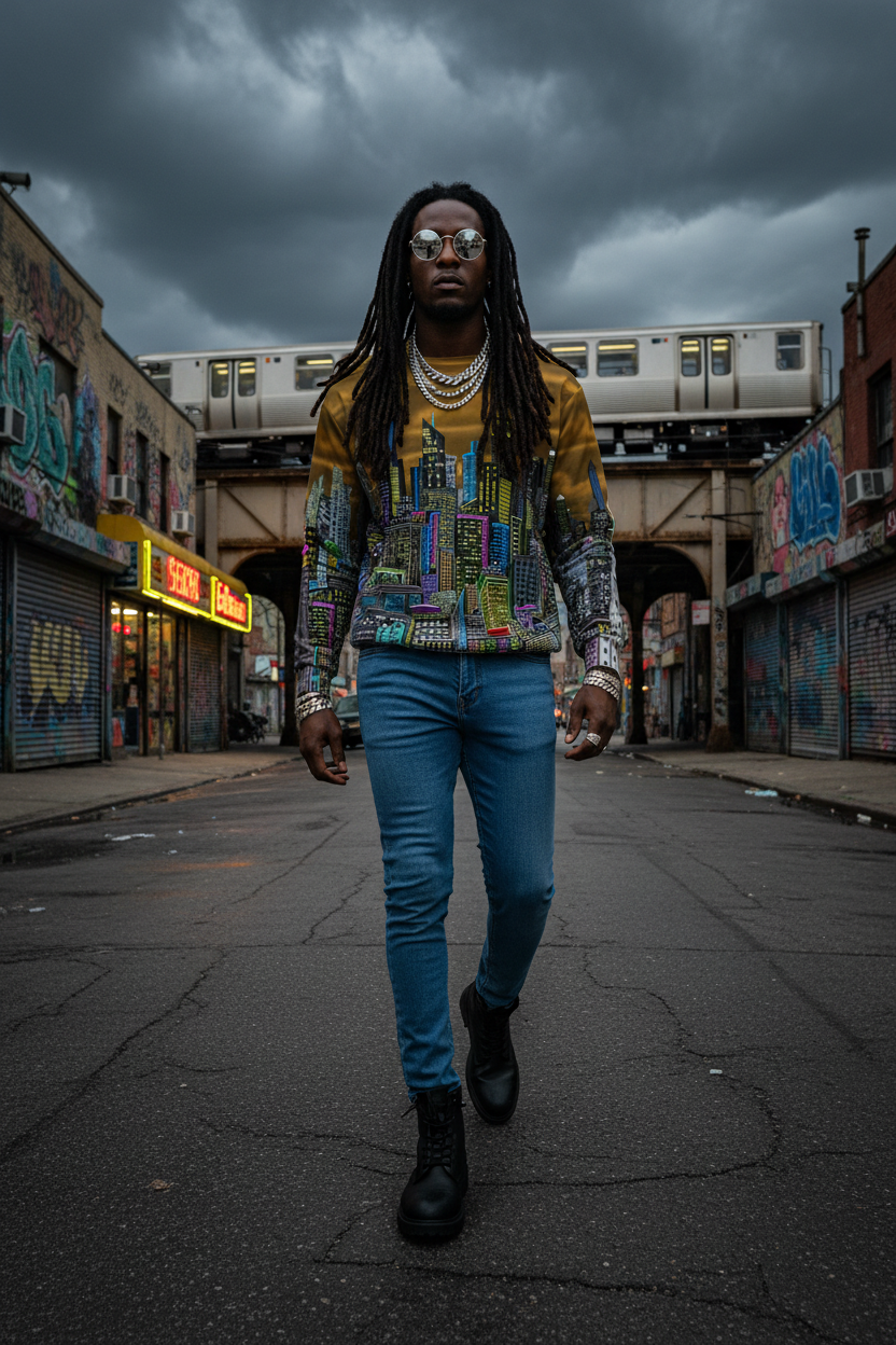 Person walking in an urban alleyway with a subway train in the background wearing shirt designed by Loria NYC Art