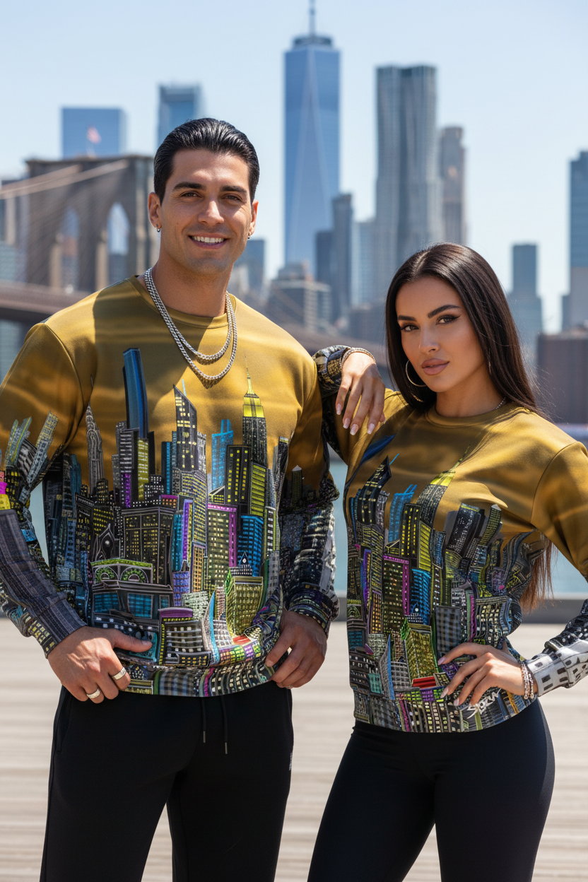 Two people wearing matching colorful Loria NYC Art sweaters with a city skyline in the background