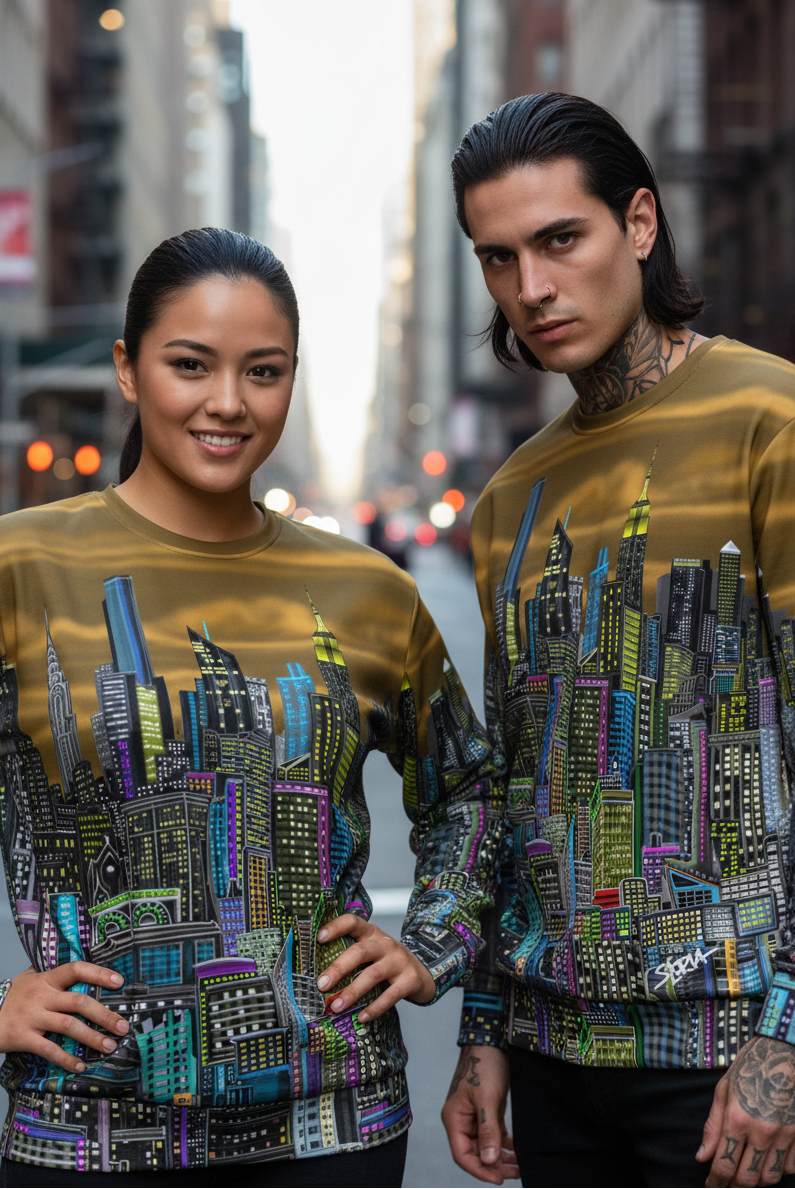 Two people wearing gold sweatshirts with colorful Loria NYC Art cityscape designs on a city street.