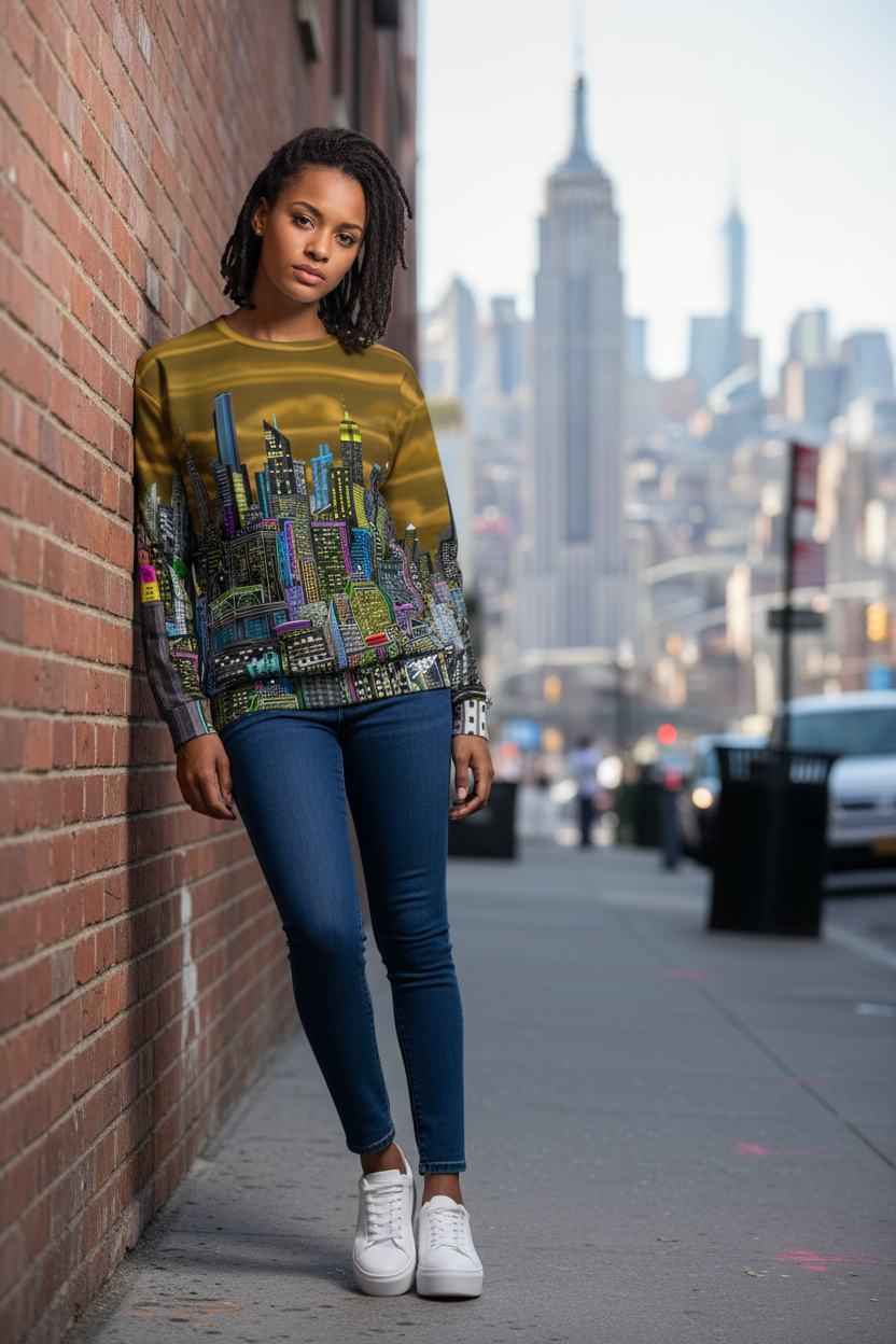 Woman wearing a colorful Loria NYC Art sweatshirt and blue jeans standing on a city street with a blurred background 