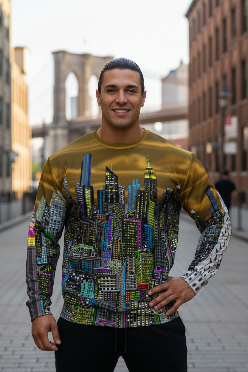 Man wearing a colorful Loria NYC Art cityscape sweatshirt with a blurred bridge and buildings in the background