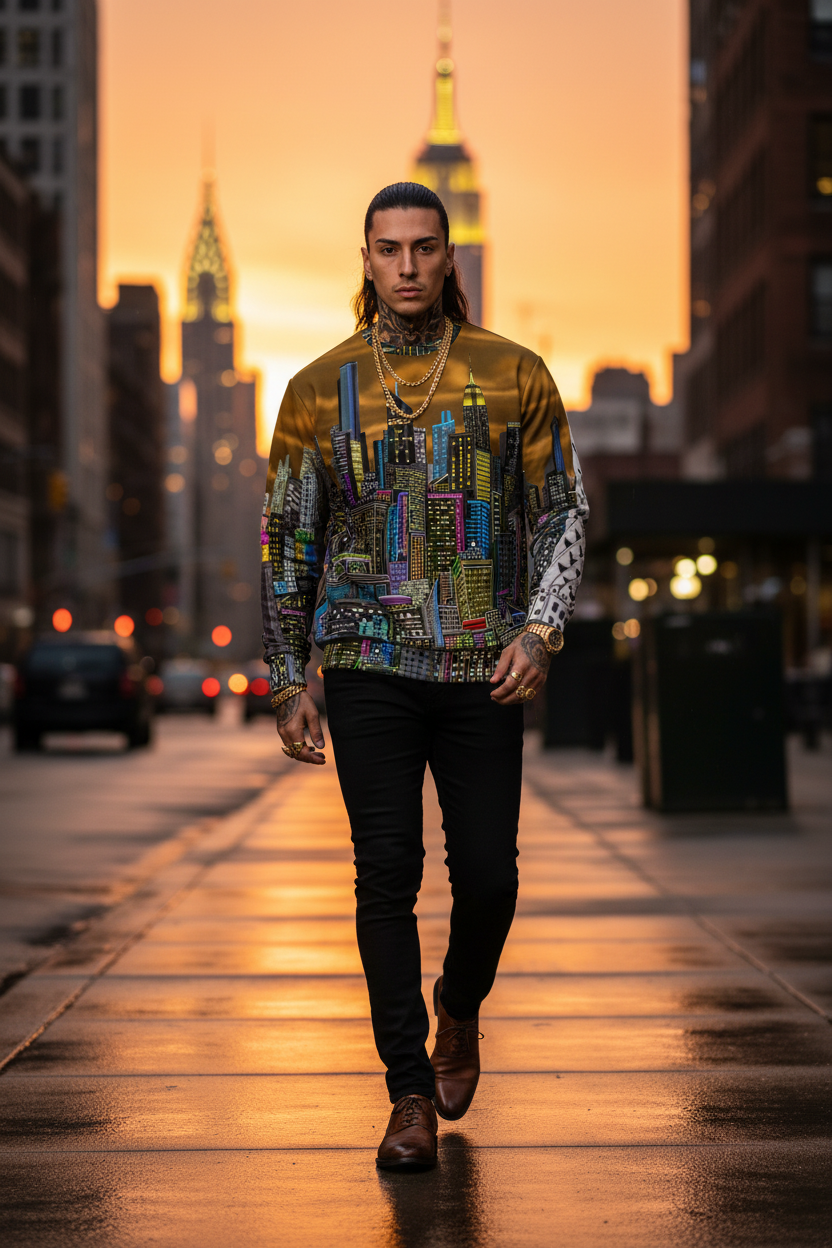 Man walking on a city street with a colorful shirt and dark pants at sunset wearing shirt designed by Loria NYC Art