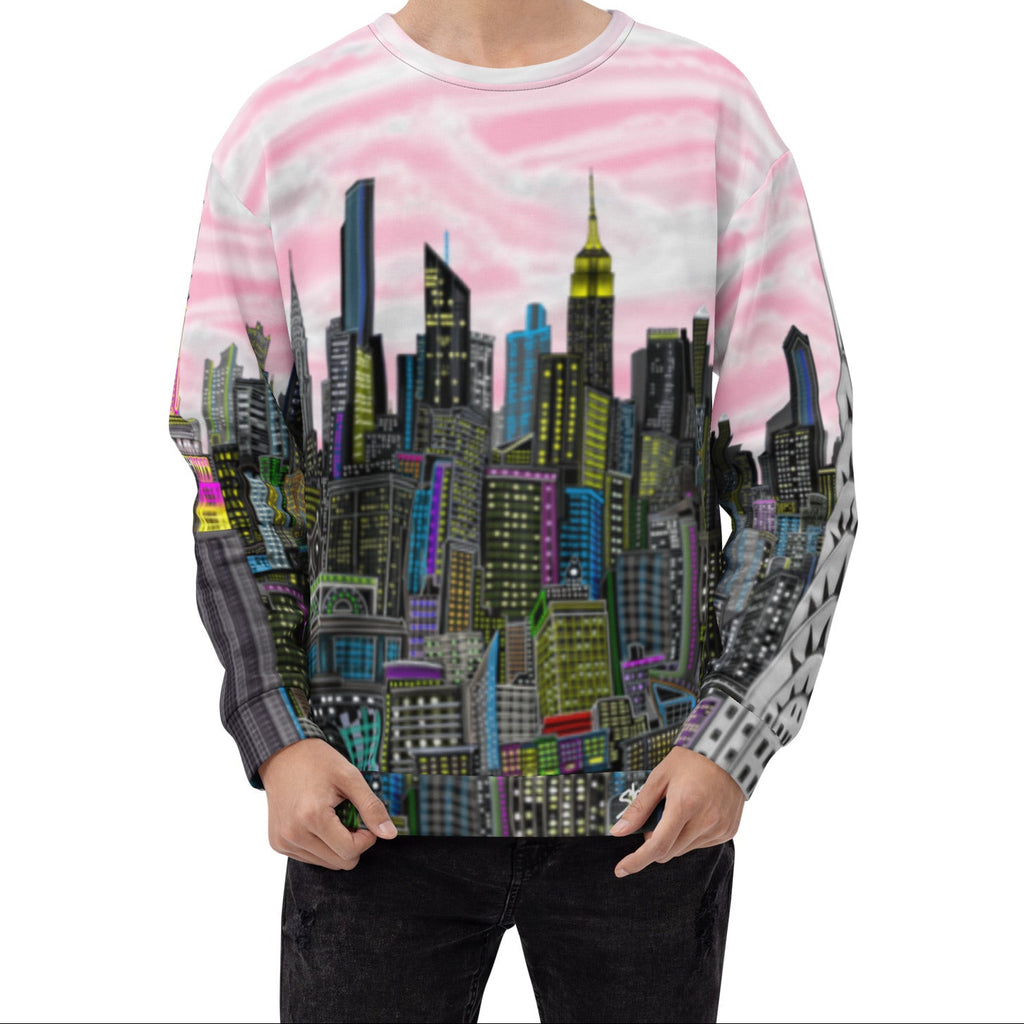 Person wearing a sweater with a cityscape Loria NYC Art design on a white background