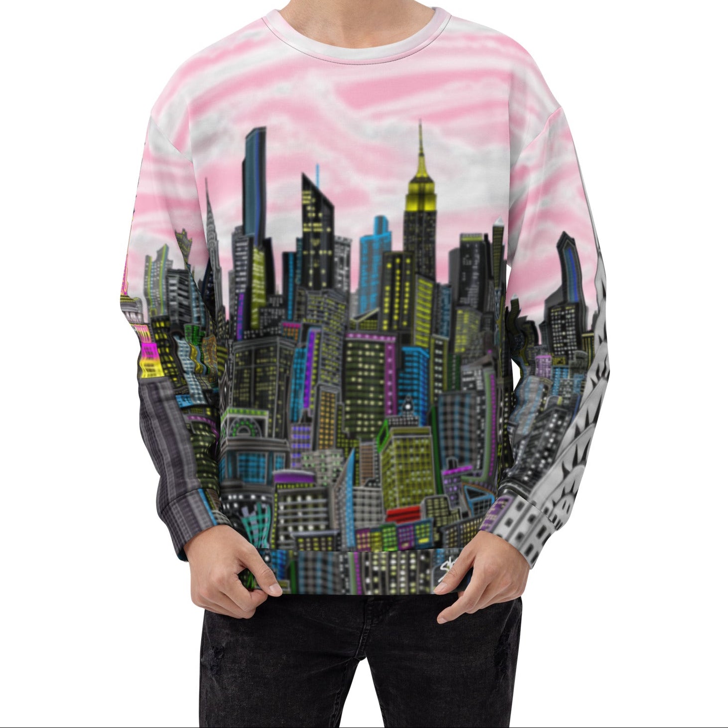Person wearing a sweater with a cityscape Loria NYC Art design on a white background