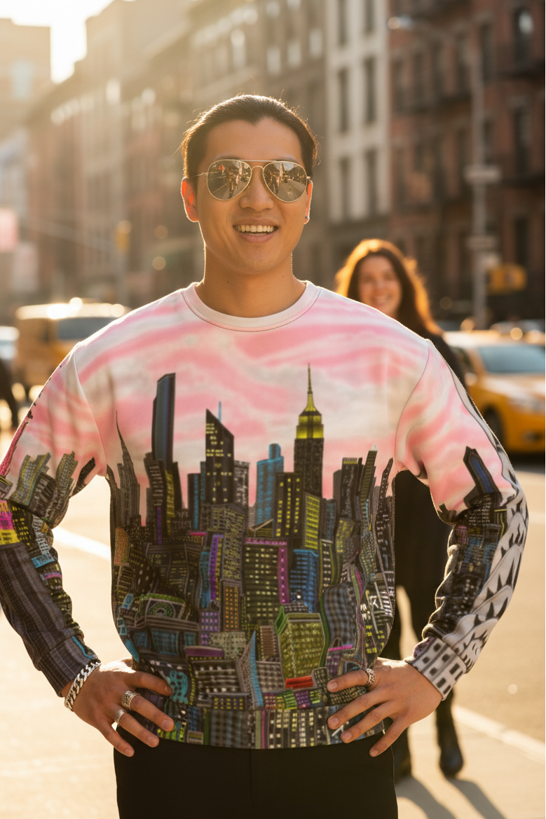 Man wearing a colorful Loria NYC Art cityscape sweater on a street with buildings in the background