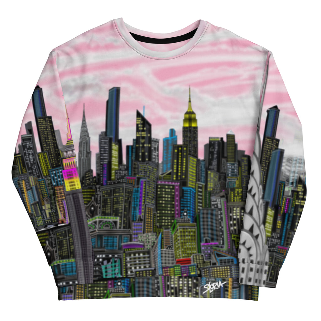 Front of Sweatshirt with a cityscape design by Loria NYC Art on a white background