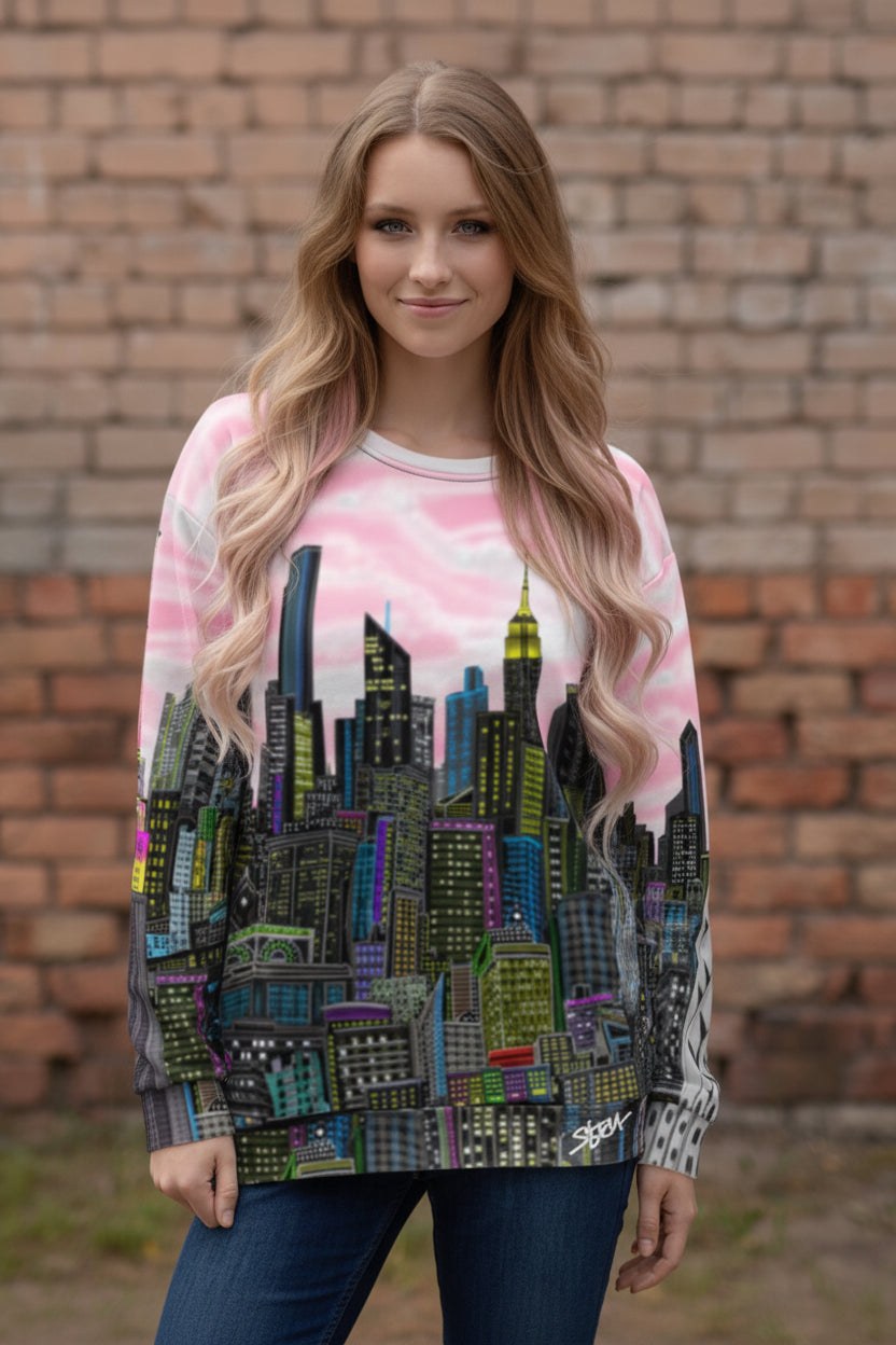 Front of girl in Sweatshirt with a cityscape design by Loria NYC Art on a white background