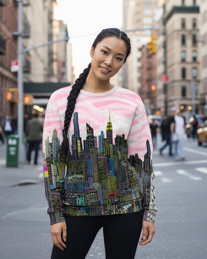 Woman wearing a colorful Loria NYC Art cityscape sweater on a city street