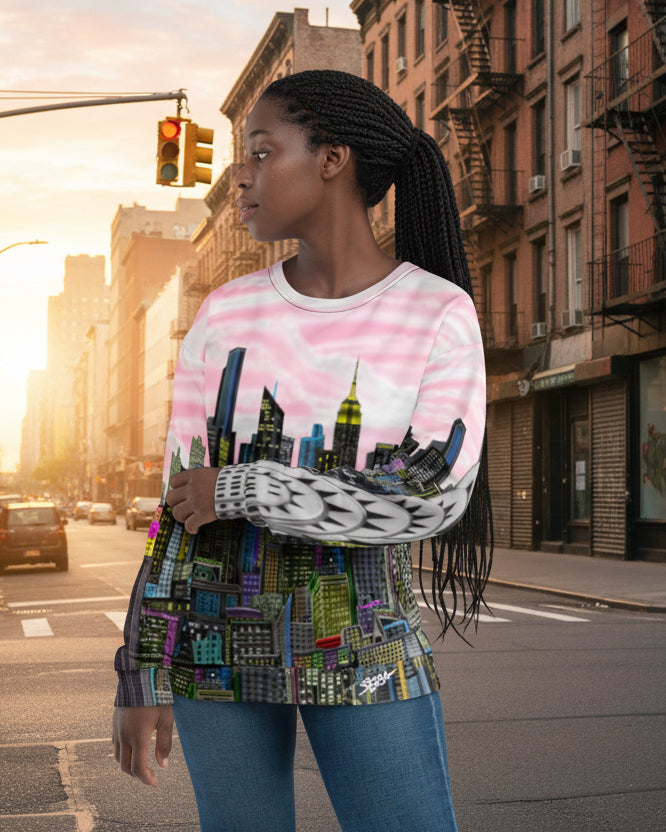 Sweatshirt with a cityscape design by Loria NYC Art on a urban background