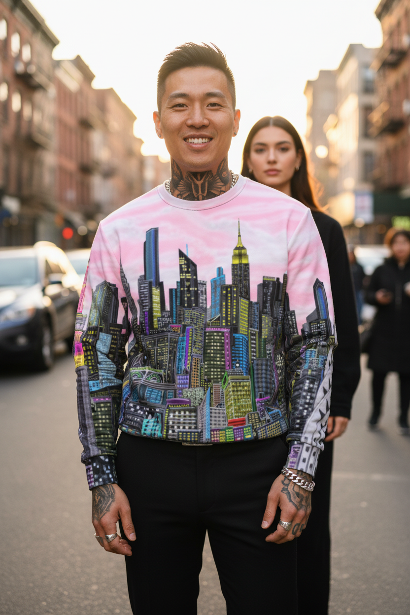 Man wearing a colorful Loria NYC Art cityscape sweatshirt on a street with buildings in the background