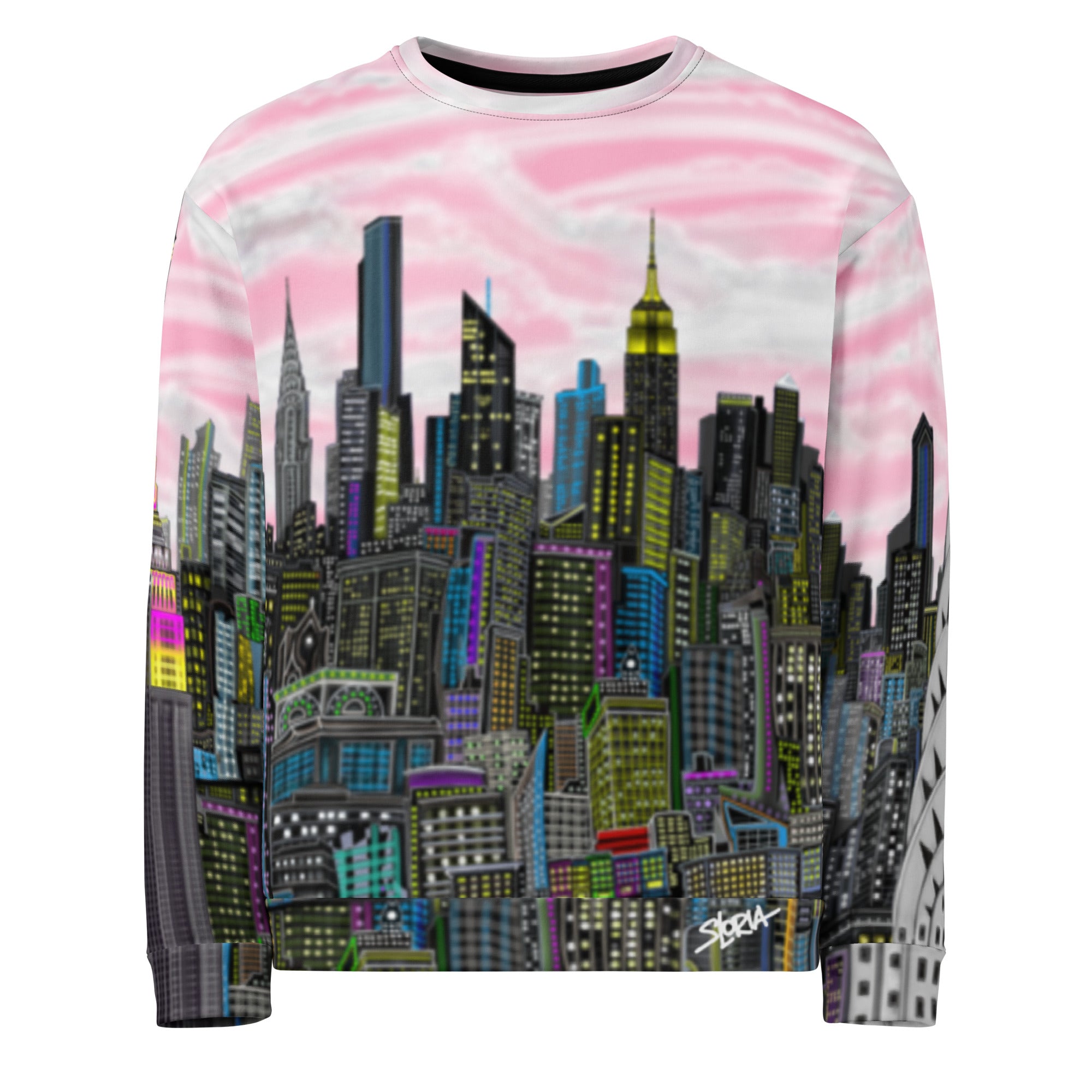 Sweatshirt with a cityscape design by Loria NYC Art on a white background