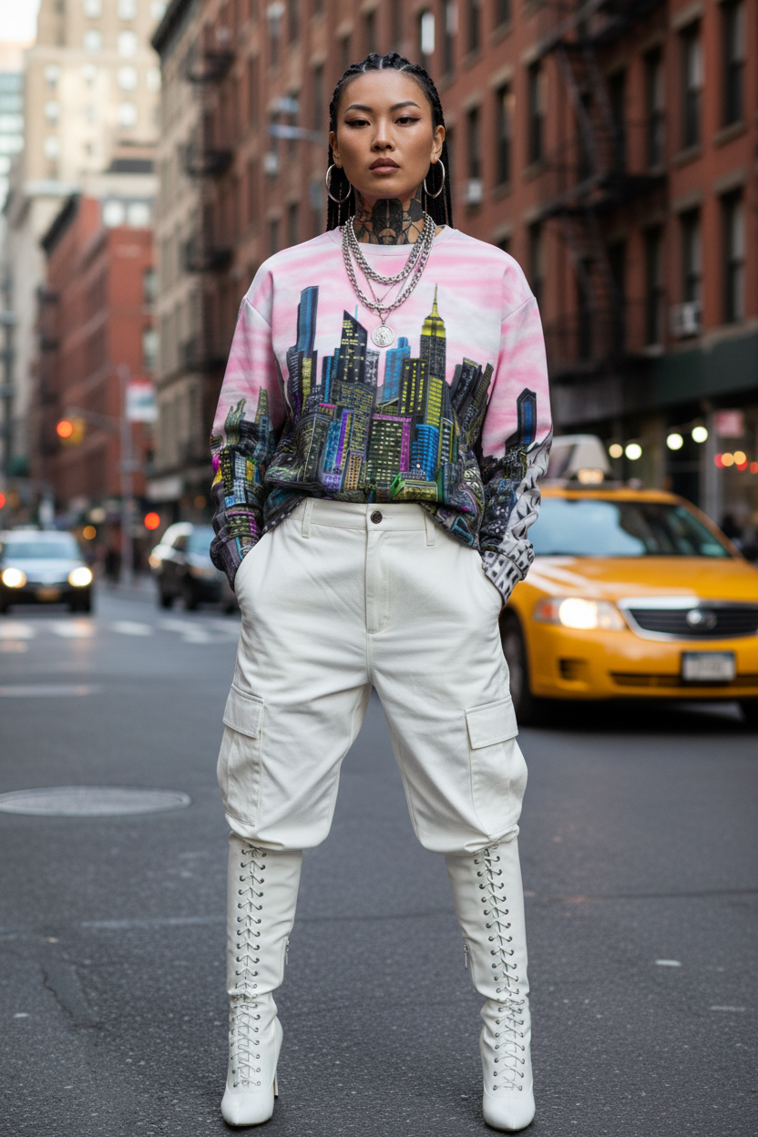 Person wearing a colorful sweater with cityscape Loria NYC Art design on a city street.