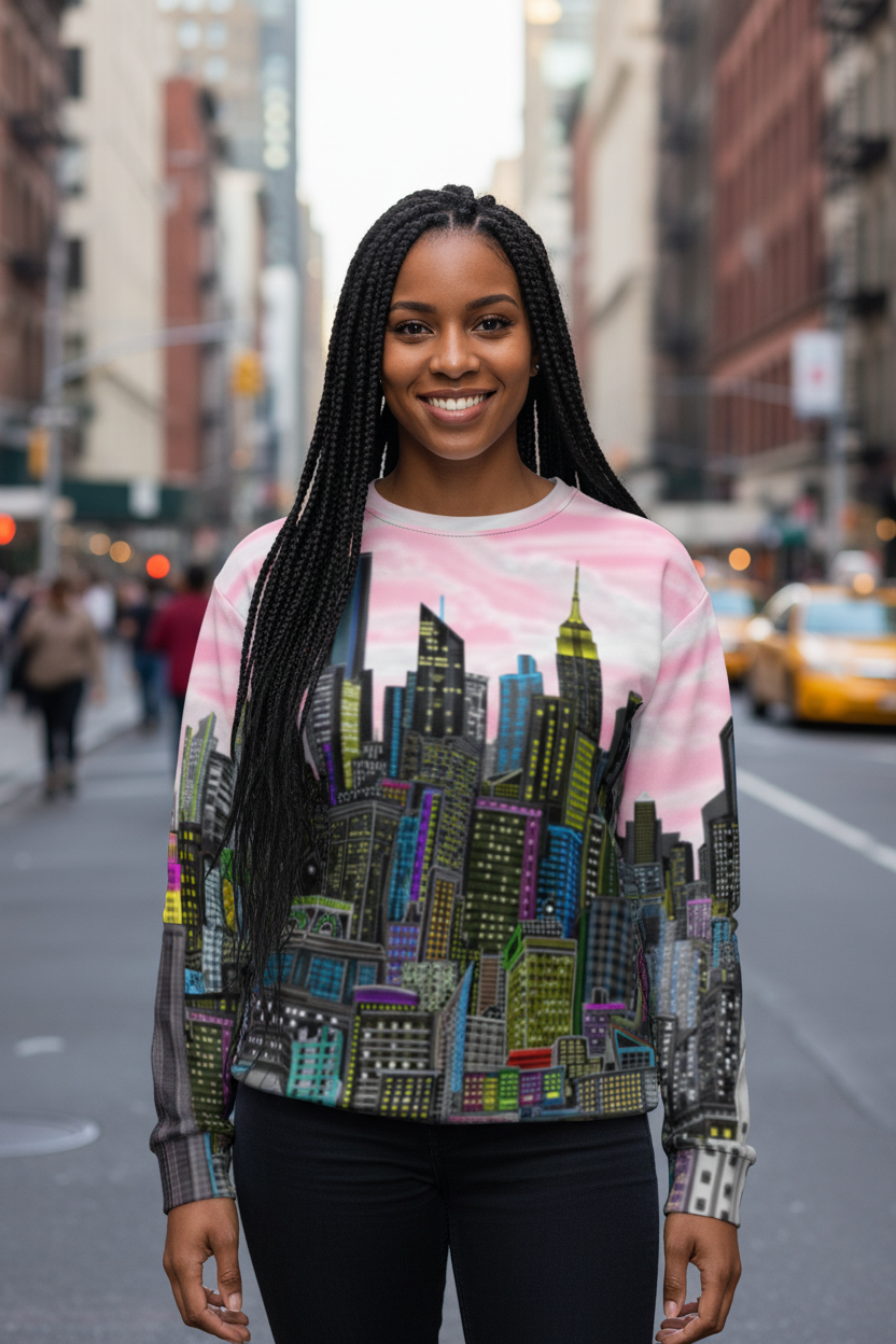 Woman wearing a colorful Loria NYC Art cityscape sweatshirt on a city street