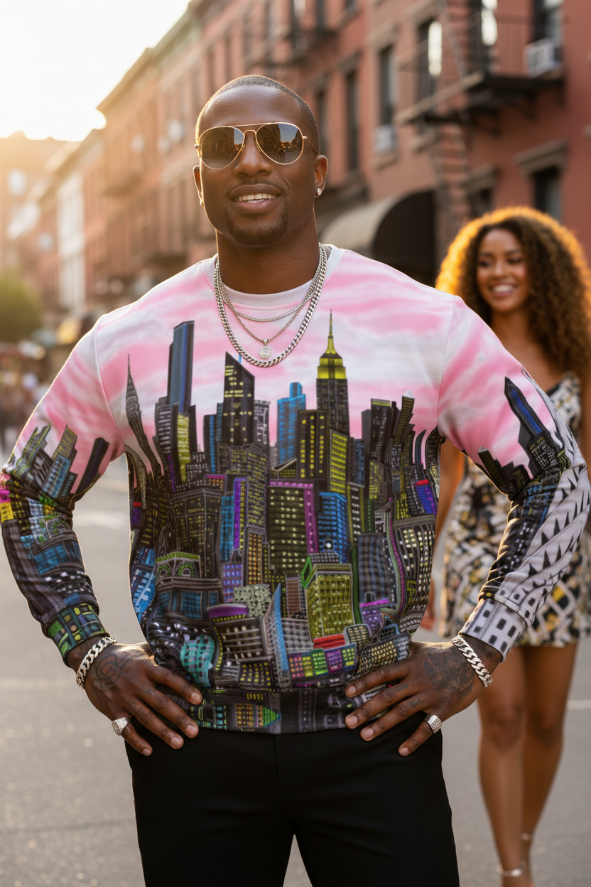 Man wearing a colorful Loria NYC Art cityscape sweatshirt with a blurred background of a street scene.