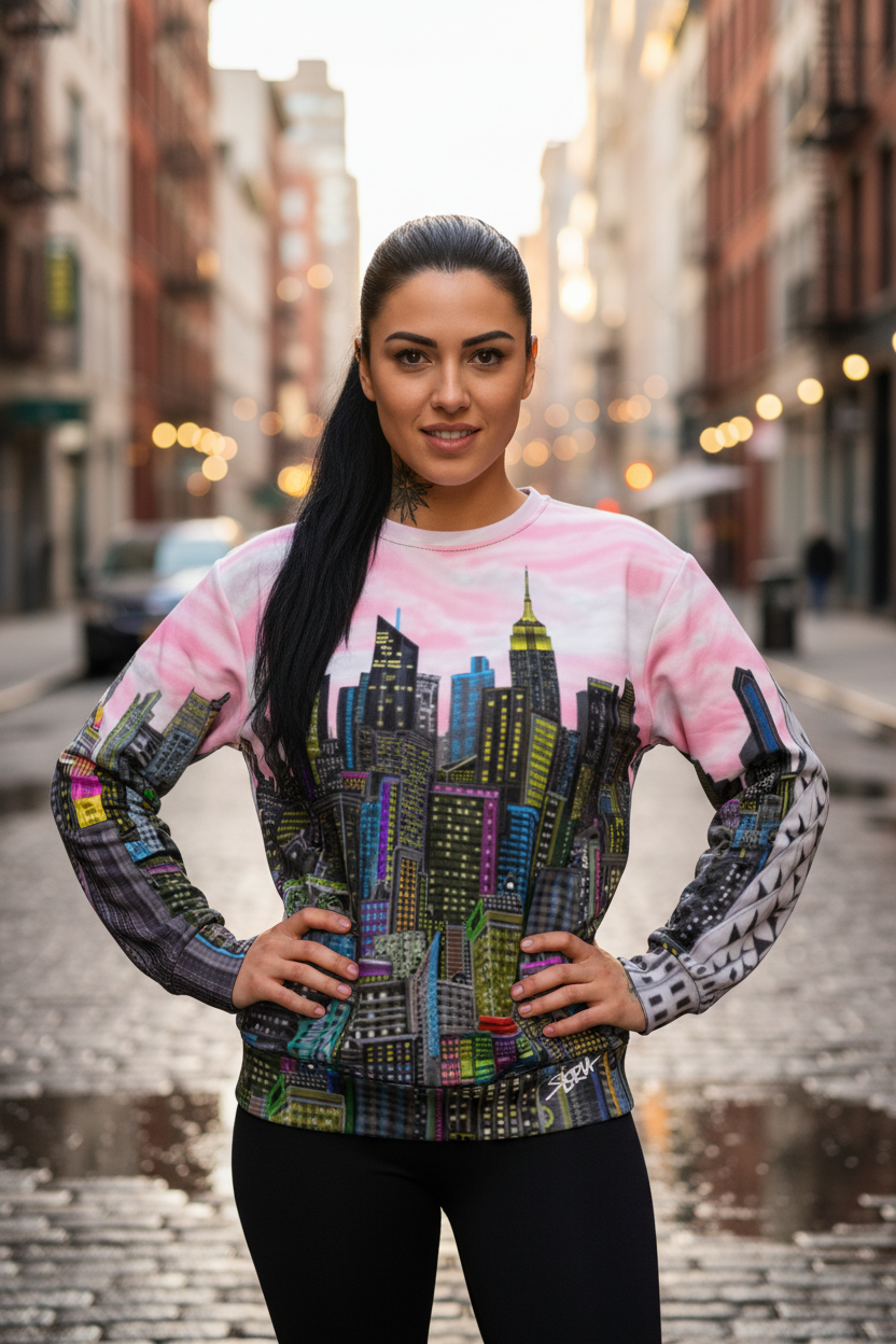 Woman wearing a Loria NYC Art colorful cityscape sweatshirt on a city street at night.