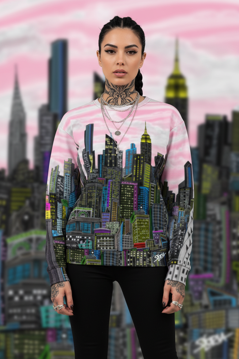 Person wearing a sweater with Loria NYC Art cityscape design against a colorful city skyline background