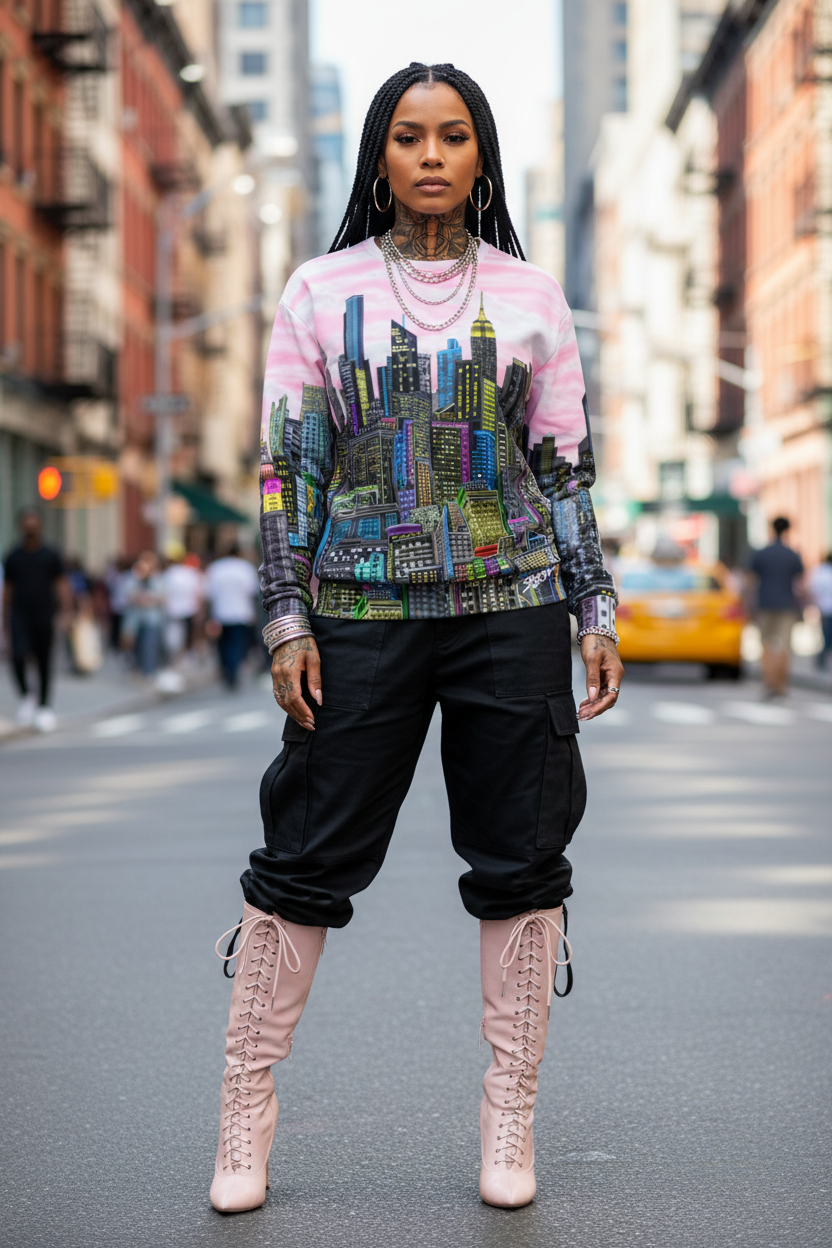 Person wearing a colorful Loria NYC Art sweater and black pants on a city street