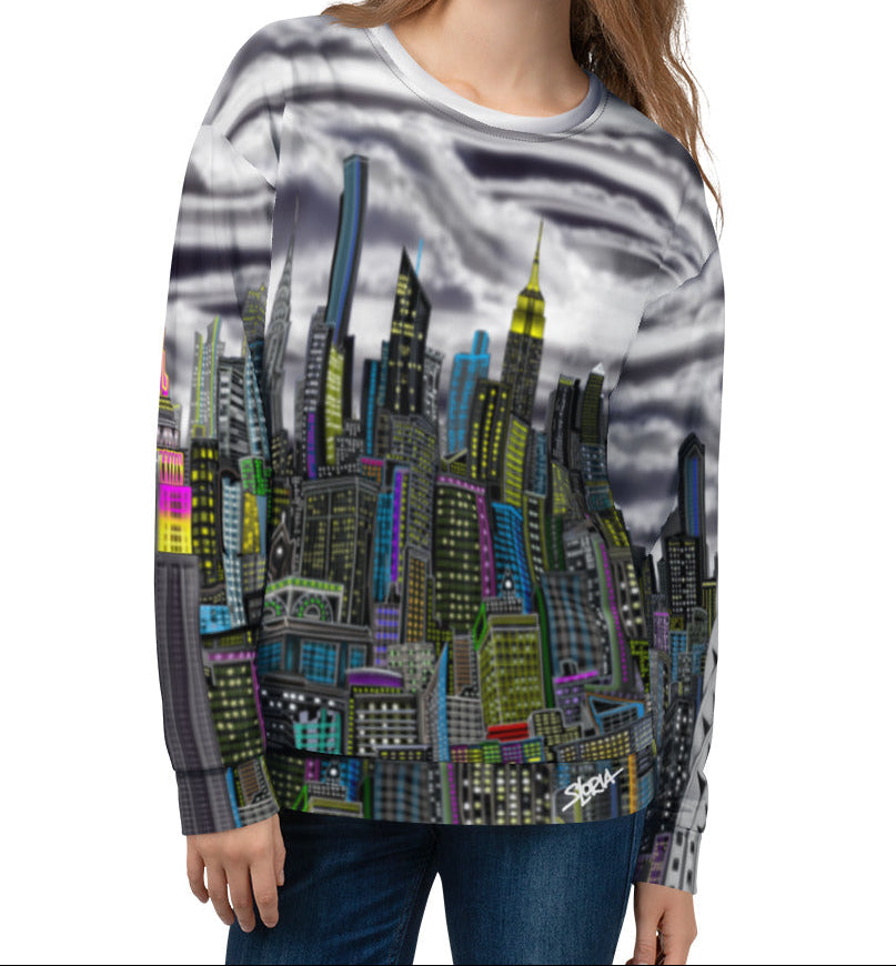 Girl wearing Sweatshirt designed by Loria NYC Art with a cityscape design on a white background