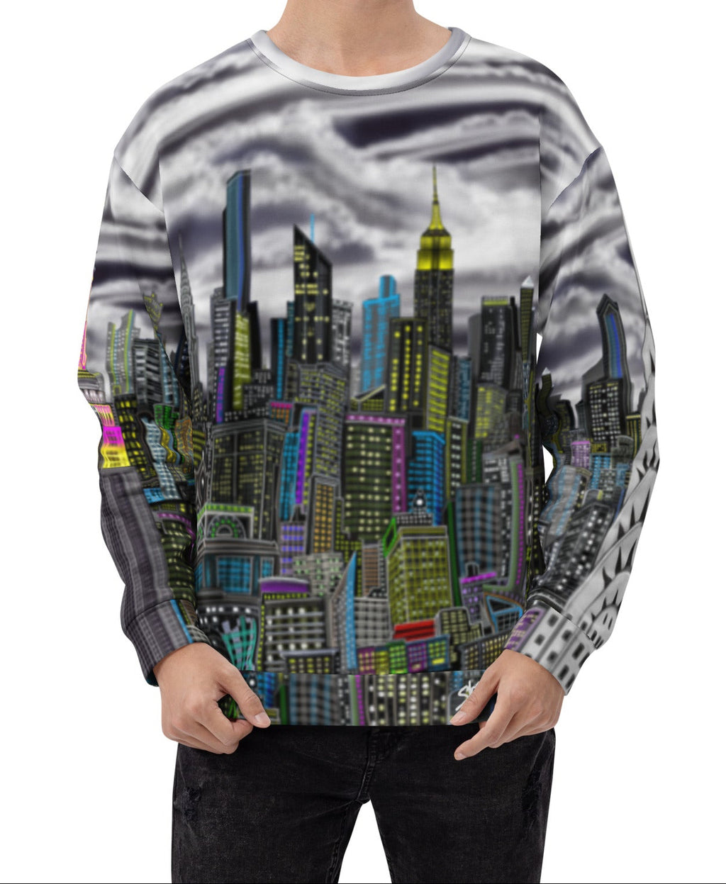Man wearing Sweatshirt designed by Loria NYC Art with a cityscape design on a white background