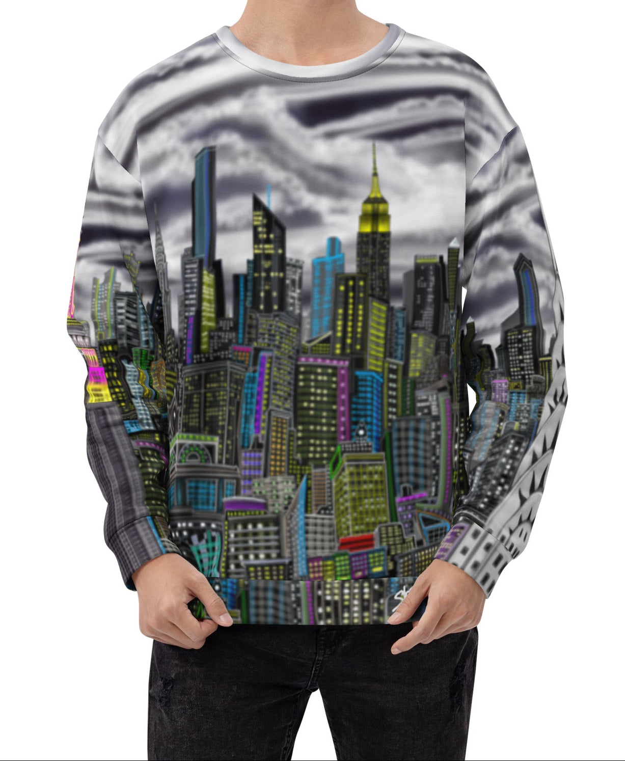Man wearing Sweatshirt designed by Loria NYC Art with a cityscape design on a white background