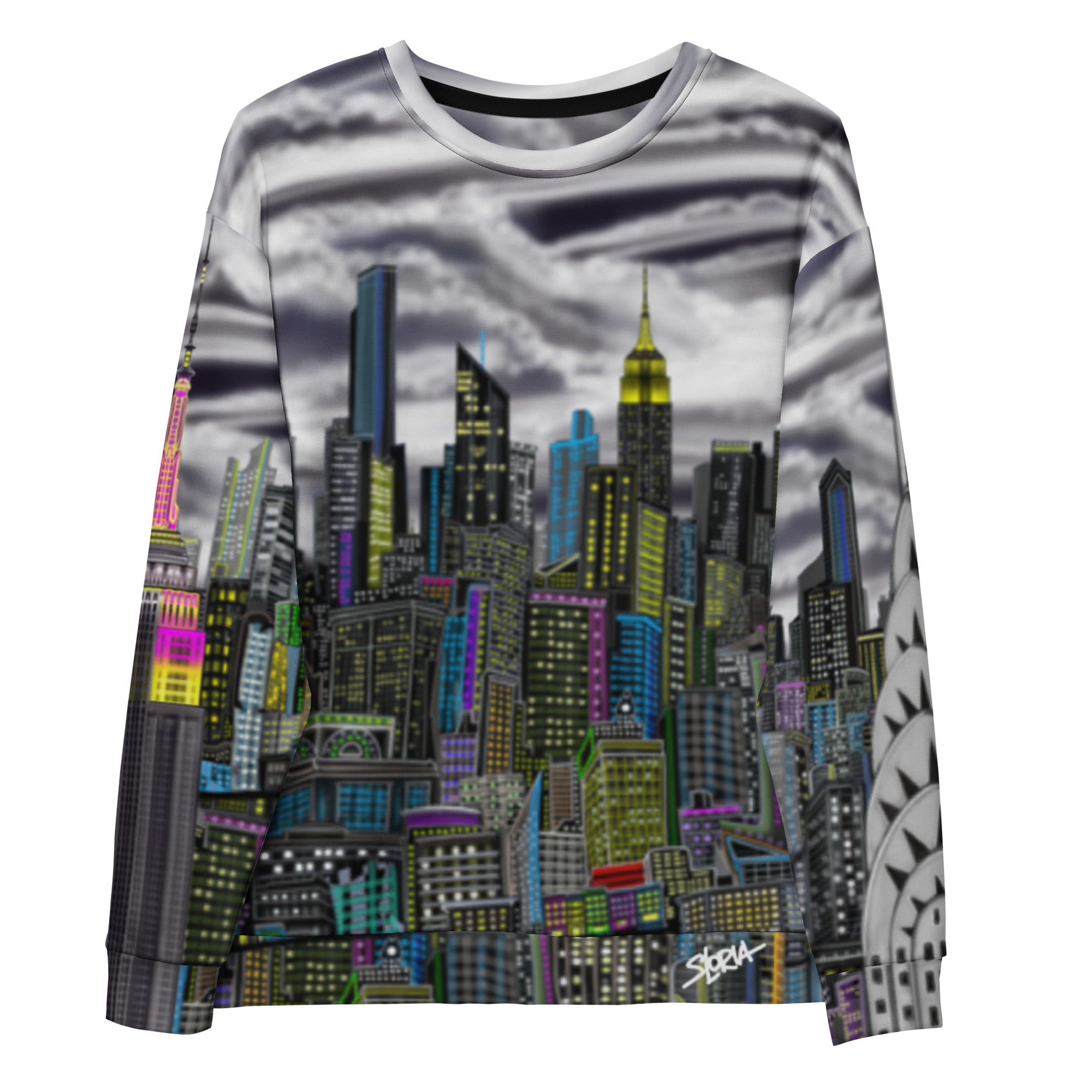 Sweatshirt with a cityscape design on a white background
