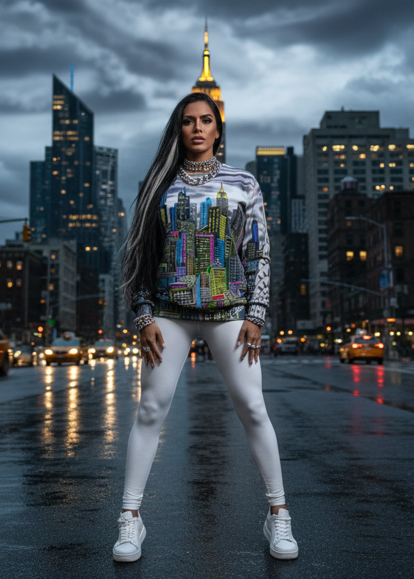 Woman standing on a city street at night with tall buildings and a dark sky wearing Sweatshirt designed by Loria NYC Art with a cityscape design 