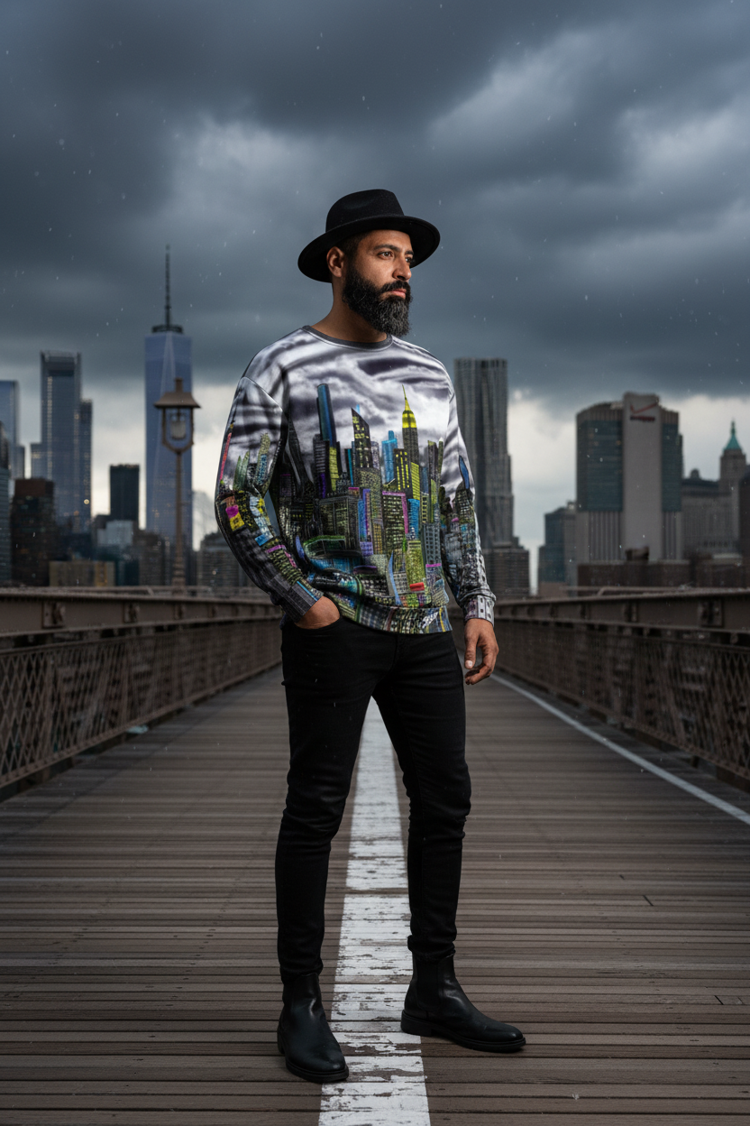Man wearing a colorful cityscape sweater on a bridge with a dark sky and city skyline in the background