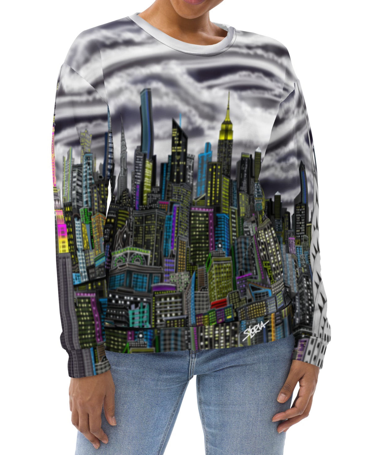 Lady posing wearing Sweatshirt designed by Loria NYC Art with a cityscape design on a white background