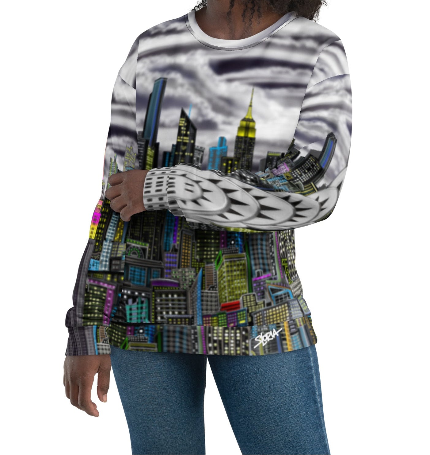 Woman wearing Sweatshirt designed by Loria NYC Art with a long-sleeve shirt with a cityscape design on a white background