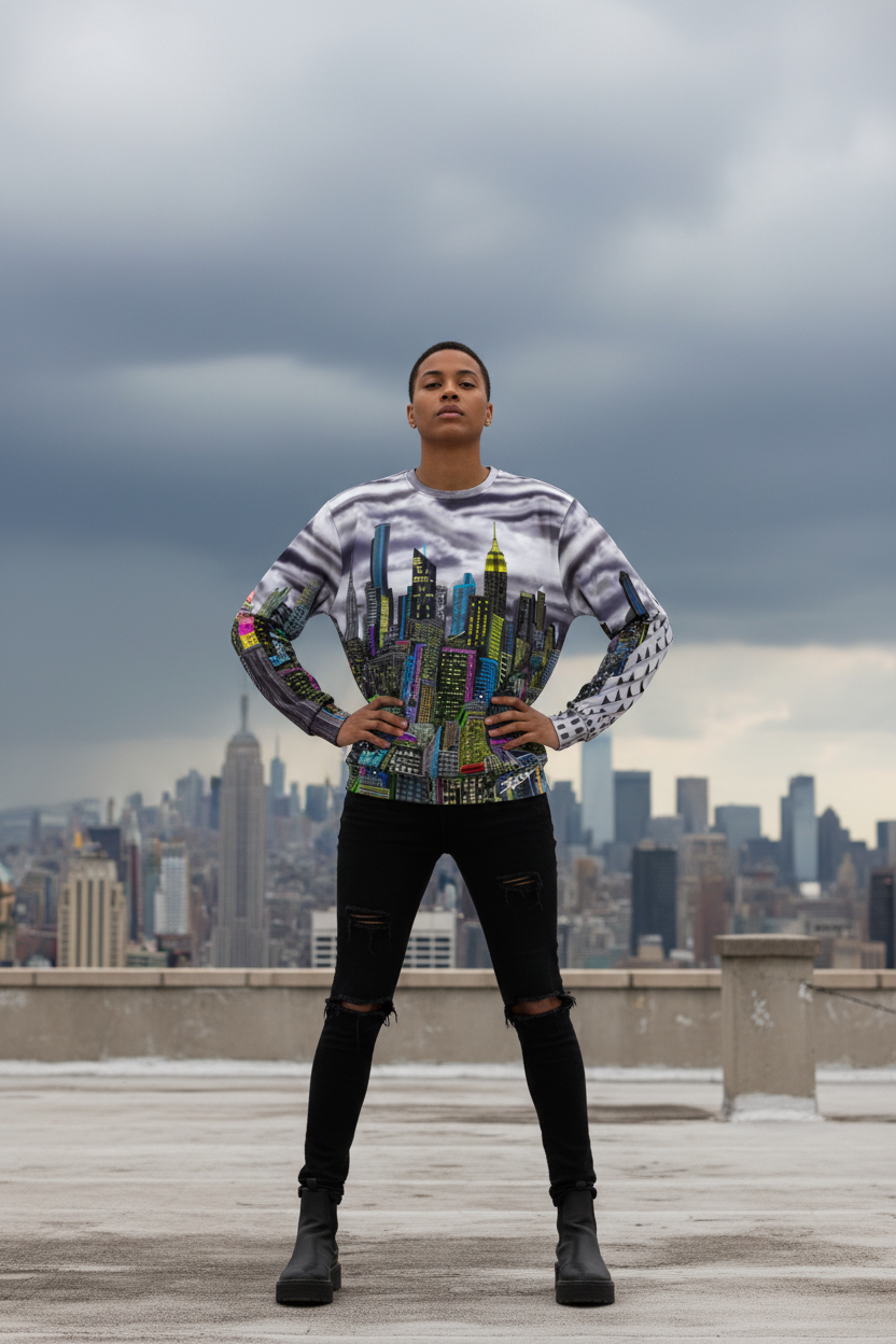 Person wearing a colorful cityscape shirt with a city skyline in the background designed by Loria NYC Art 