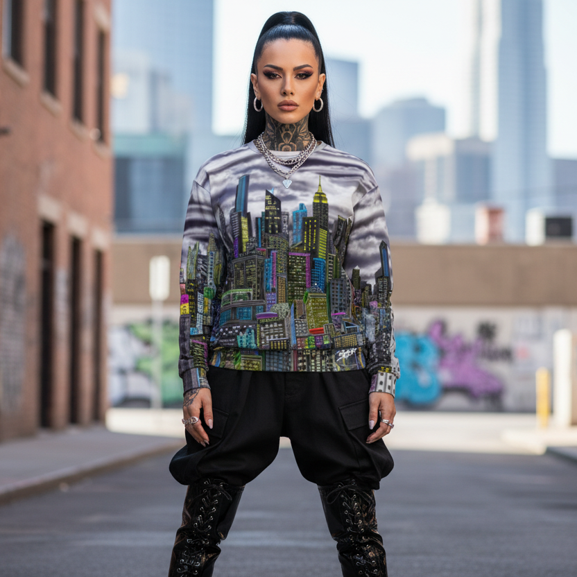 Person wearing a Loria NYC Art sweatshirt in an urban setting with graffiti on walls.