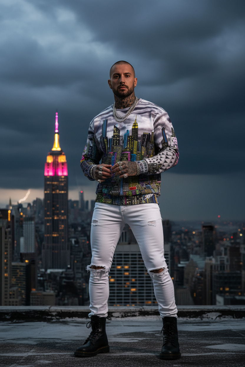 Man standing on a rooftop with a Loria NYC Art city skyline sweatshirt and lit-up Empire State Building in the background