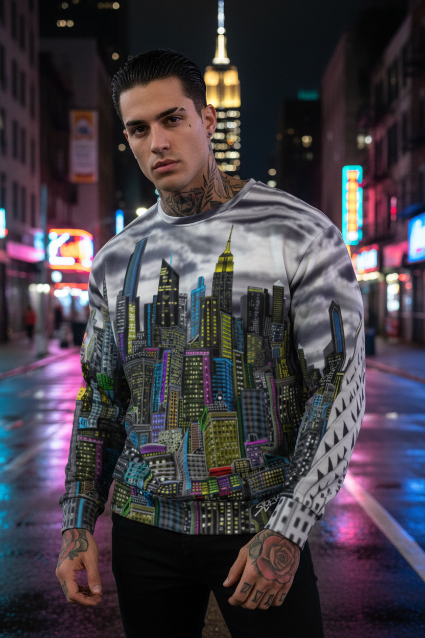 Person wearing a colorful Loria NYC Art cityscape sweatshirt on a neon-lit street at night.