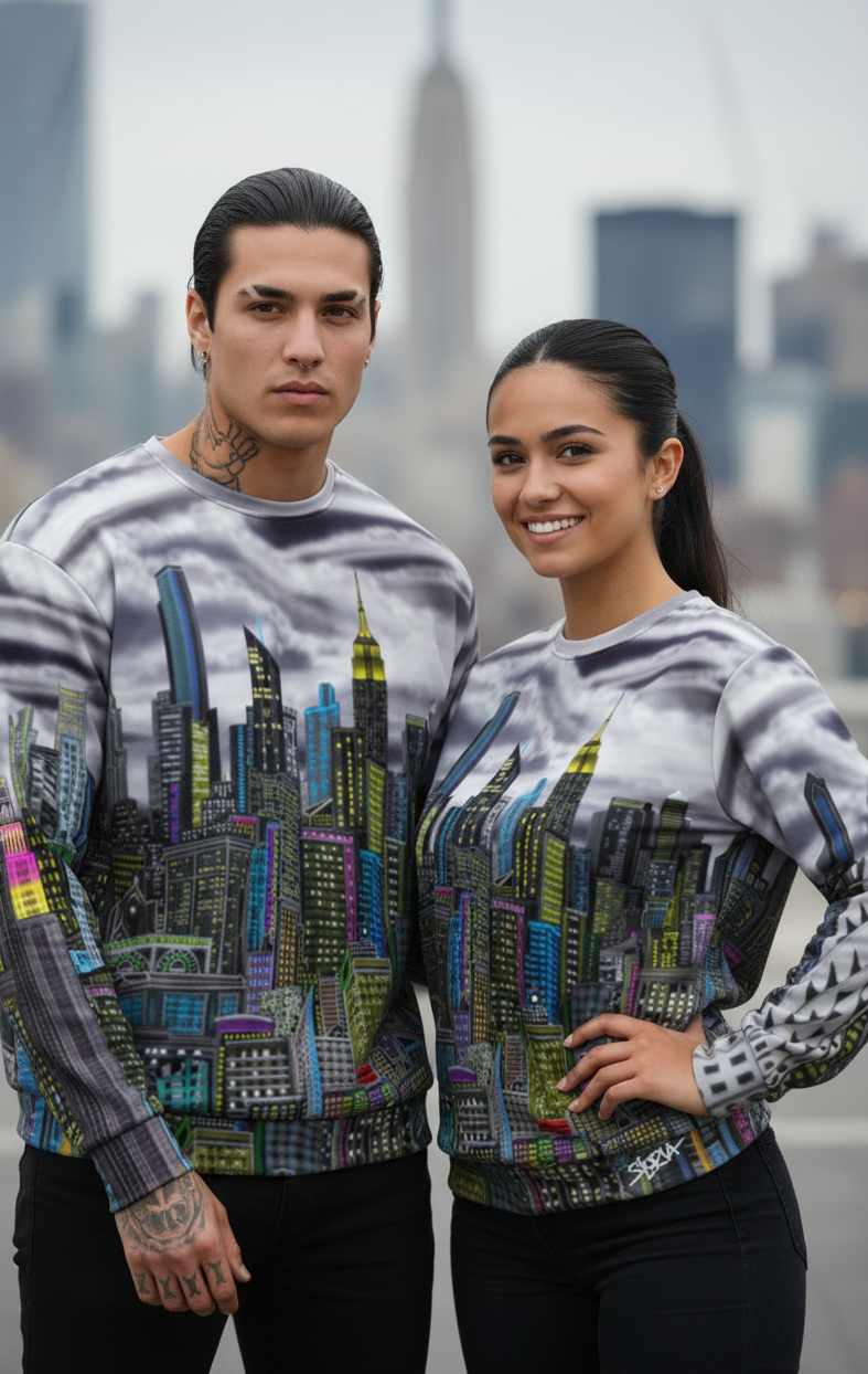 Two people wearing Loria NYC Art cityscape-themed sweatshirt with a city skyline in the background.