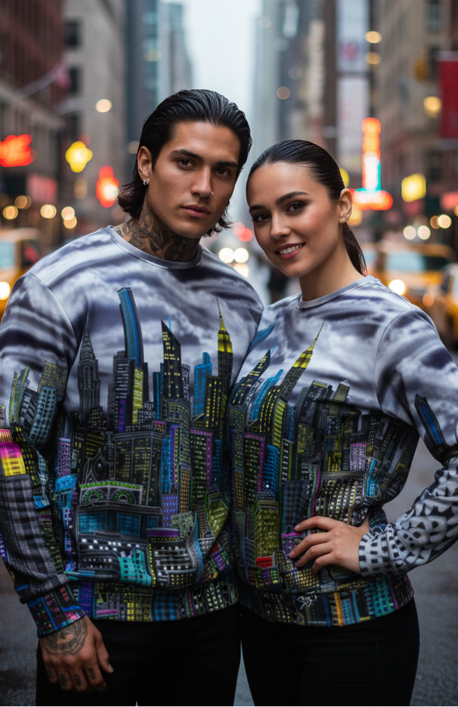 Two people wearing matching sweaters with cityscape Loria NYC Art design on a city street.